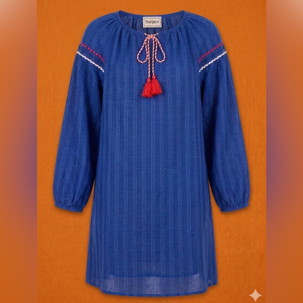 Boho Dress Blue Roped Tassel Tie. Large